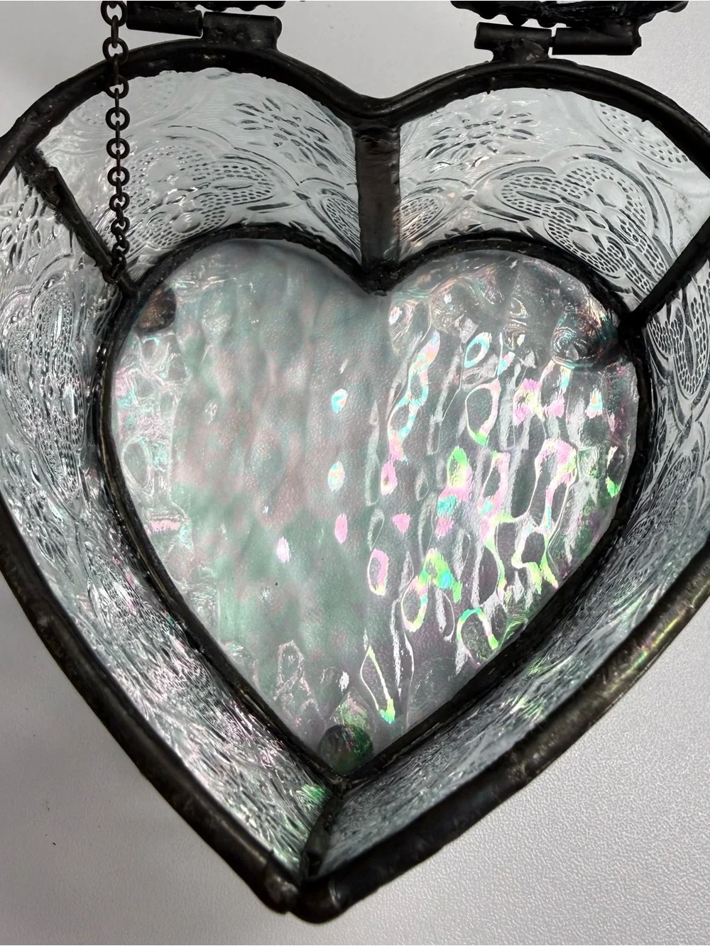 Heart Shaped Stained Glass Trinket Box - Iridescent Pink & Clear